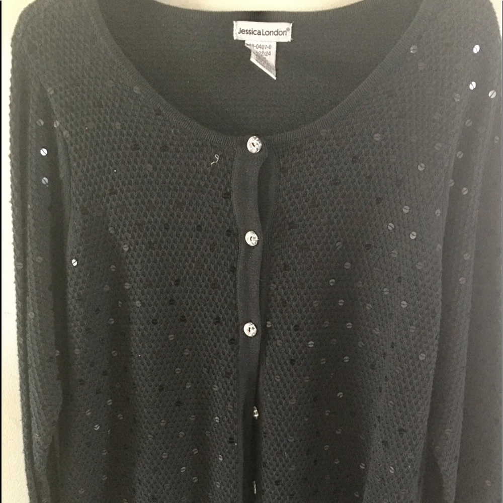 SWEATER WOMENS 22/24 BLACK SEQUINS JESSICA LONDON BUTTON DOWN KNIT CARDIGAN
